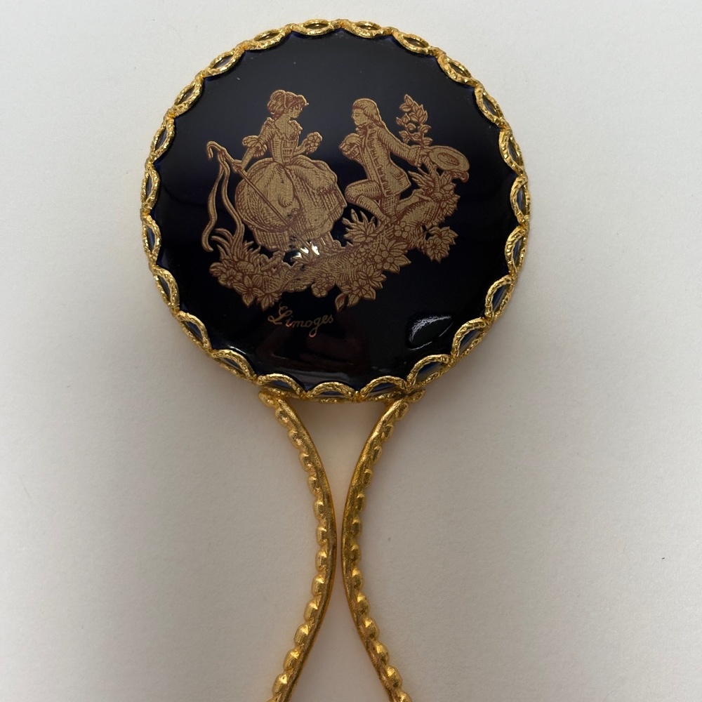 Vintage LIMOGES France Handheld Mirror Cobalt Blue & Gold